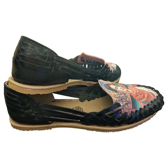 Frida Kahlo Shoes 7 Black Woven Leather Segura Shy Huaraches Artsy Boho Slip Ons - Picture 9 of 9